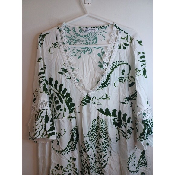 Cupshe Cover Up Tropical Dress Womens O/S Green White Floral V Neck Boho Sleeves - Picture 6 of 9